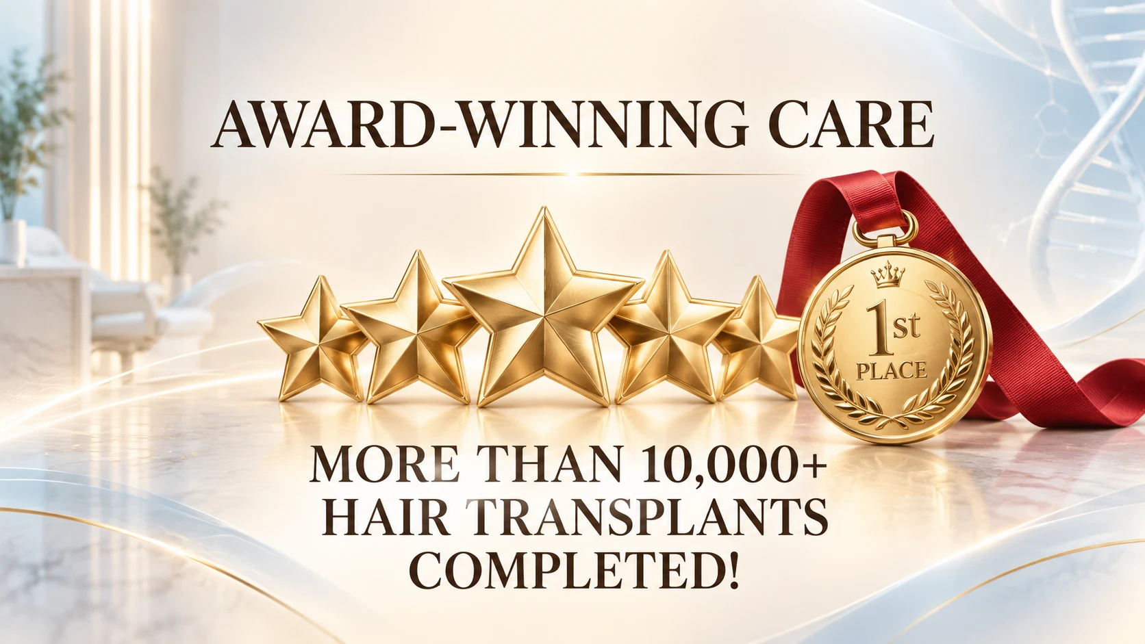Award winning hair transplant care banner with gold stars and first place medal