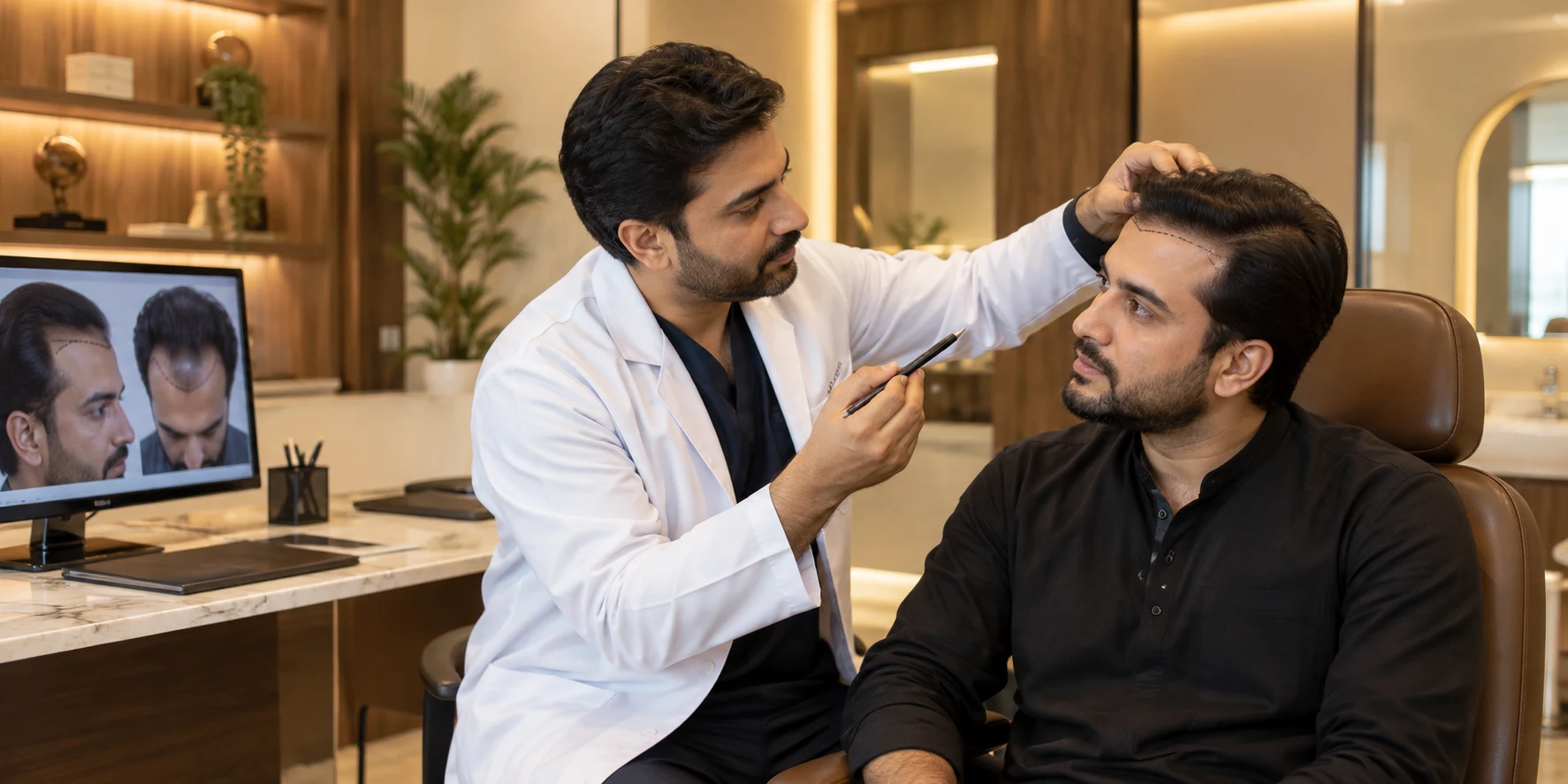 Pakistani hair transplant doctor marking a patient hairline in a warm Karachi clinic