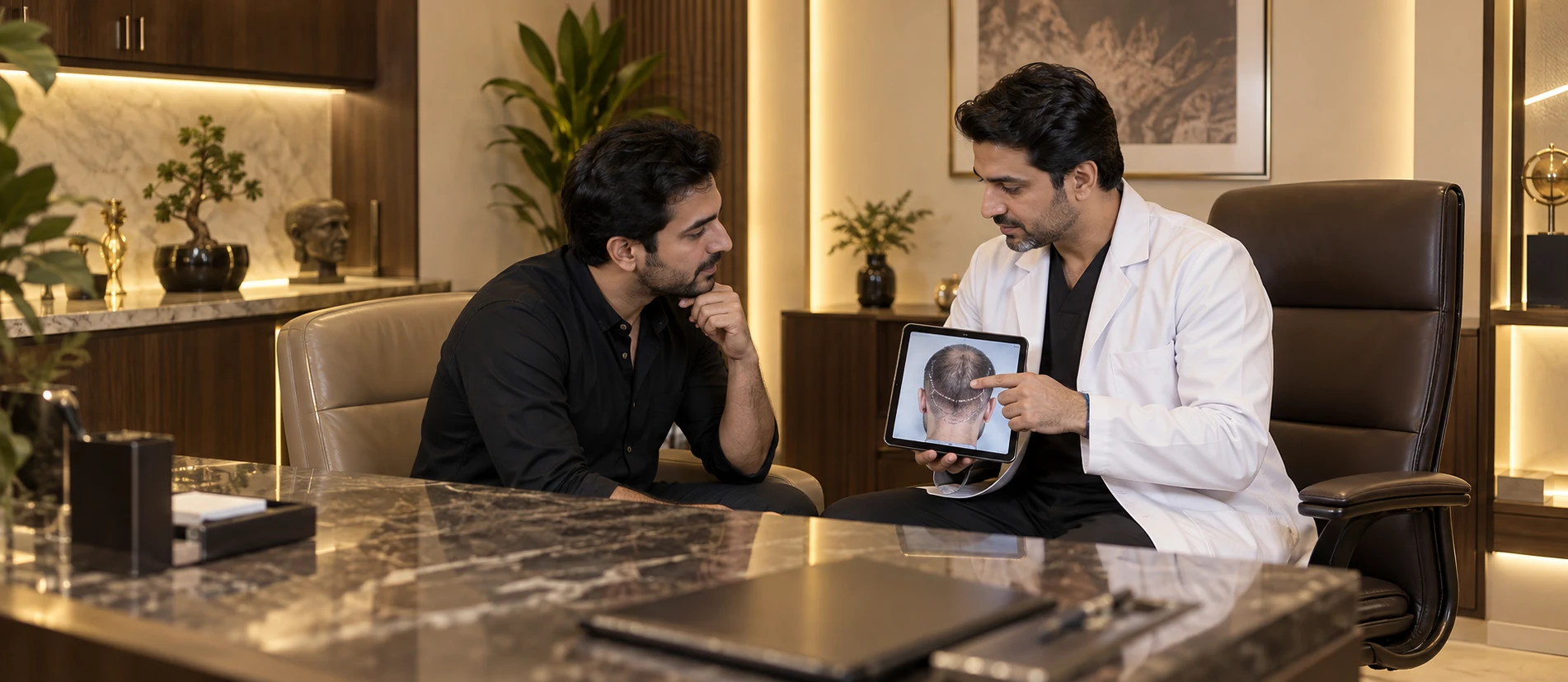 Pakistani hair transplant doctor reviewing graft planning with a patient in a warm brown clinic office