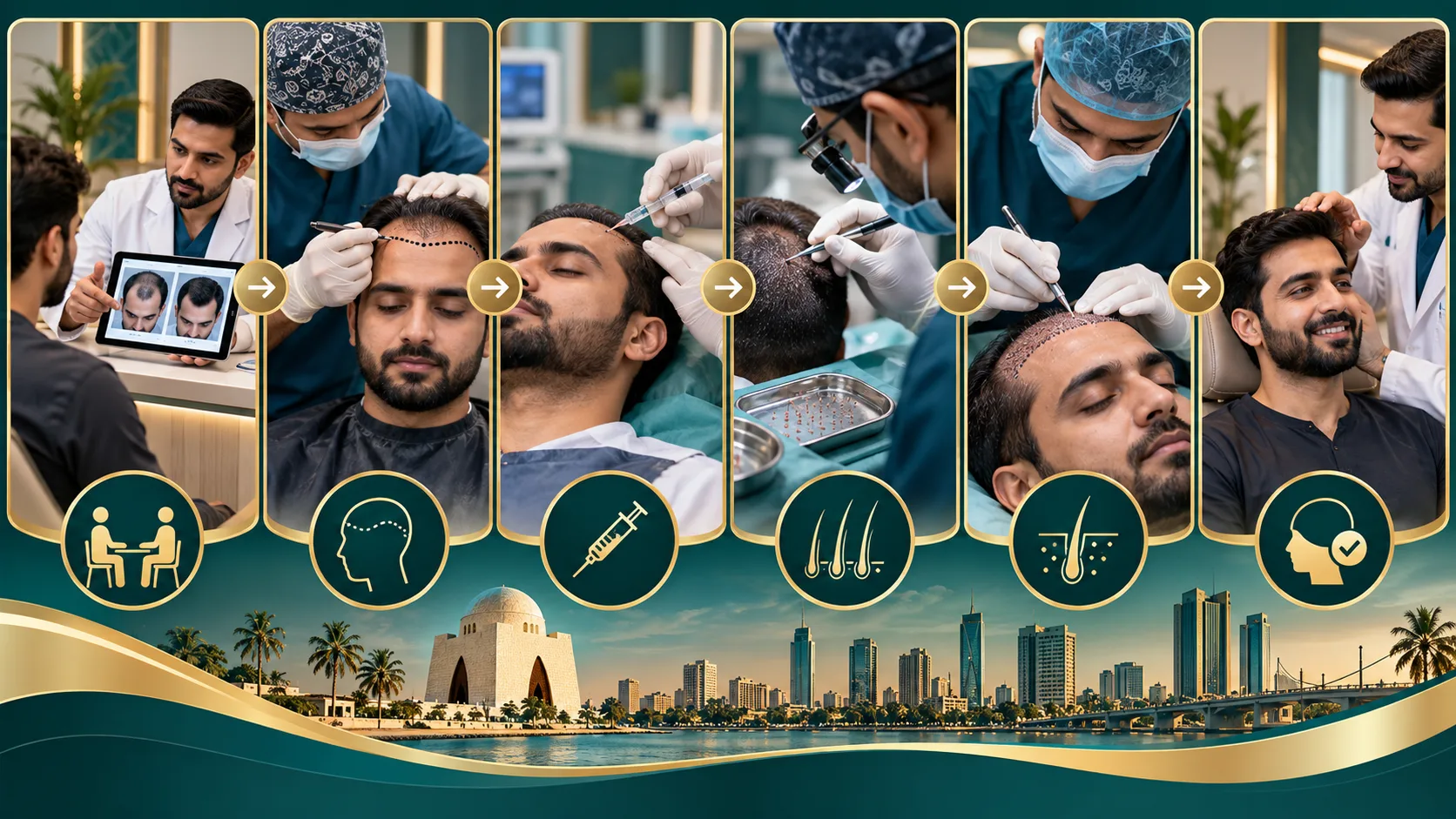 Visual step-by-step hair transplant journey from consultation to recovery